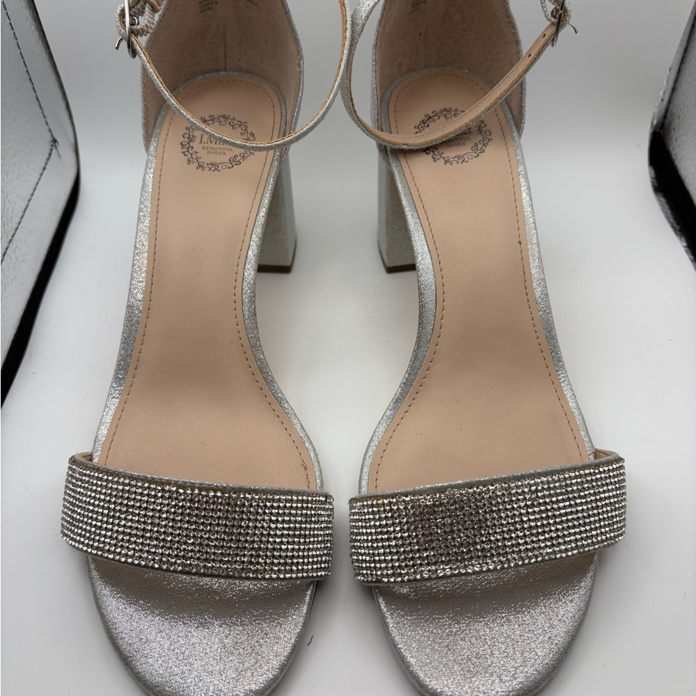 Shimmering Silver Block Heel Sandals